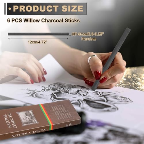 MECCANIXITY Willow Charcoal Sticks, 7-9 x 120mm Willow Charcoal Pencils Soft Sketch Vine Art Supplies Set for Drawing Sketching Shading Painting Artists (Black, Pack of 6) - size: 7-9 x 120mm