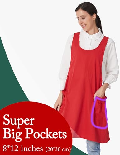 Cozy Adjustable Cross Back Aprons for Women with Pockets Cotton Linen Cooking Kitchen Baking - color: Red