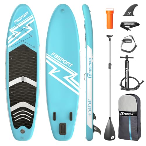 FBSPORT 11' Premium Stand Up Paddle Board, Yoga Board with SUP Accessories & Carry Bag | Wide Stance, Surf Control, Non-Slip Deck, Leash, Paddle and Pump for Youth & Adult - color: Ice Blue