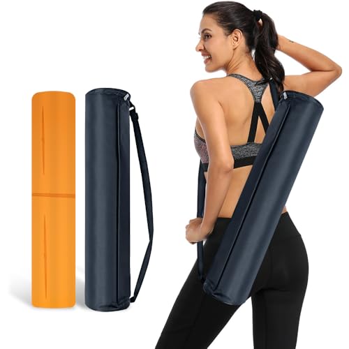 Natural Rubber Yoga Mat - Non Slip Non Toxic - 5mm Thick Yoga Mat for Hot Yoga/Pilates - Extra Large 26.8’’ with Alignment Guide - Sweat Proof - with Carrying Bag - color: Vibrant Orange