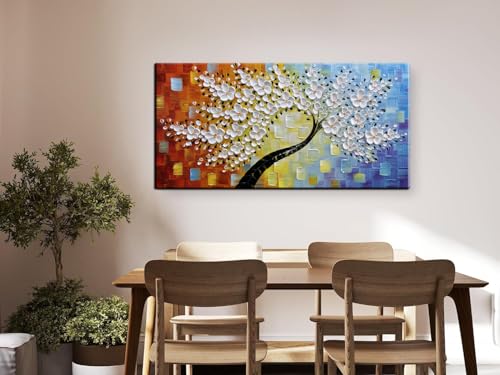YaSheng Art -hand painted White Flowers Paintings Oil Painting On Canvas Abstract Texture Palette Knife Tree Paintings Modern Home living room Bedroom Dining Room Wall Decor Ready to hang 20x40inch - color: YS-0017, size: 40"L x 20"W
