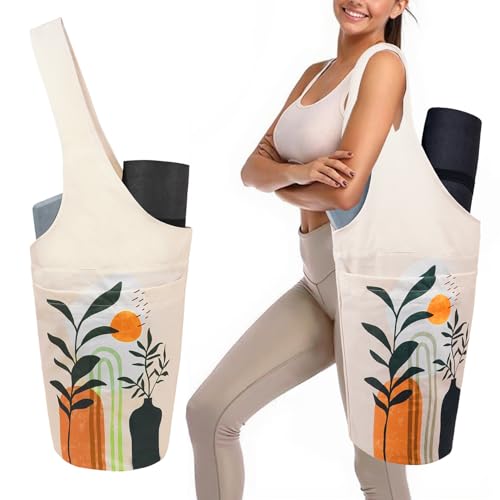 Yoga Mat Bag Carrier for Women with Side Large Pocket Durable Linen Workout Gym Travel Storage Pilates Mats - color: Boho Plants