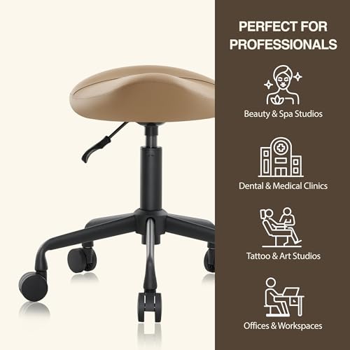 Ergonomic Saddle Stool, Adjustable Hydraulic Rolling Chair with Swivel Seat - color: Tan, size: Standard without Backrest