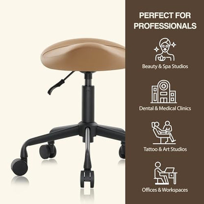 Ergonomic Saddle Stool, Adjustable Hydraulic Rolling Chair with Swivel Seat - color: Tan, size: Standard without Backrest