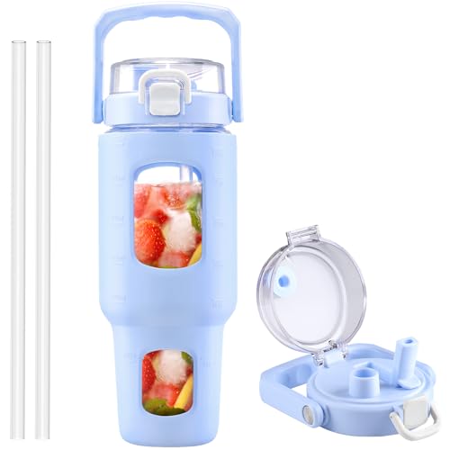 BLUEGO 40 oz Glass Water Bottle With Straw, Leakproof With Time Marker and Silicone Sleeve, Wide Mouth for Travel, Gym, Workout, Blue - color: Light Blue, size: 40 Ounces