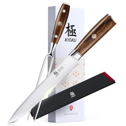 KYOKU Carving Knife Set, Daimyo Series 8" Carving Knife and Fork, Japanese Style 440C Stainless Steel Meat Cutting Knife for Winter Christmas Turkey - style: Carving Knife Set