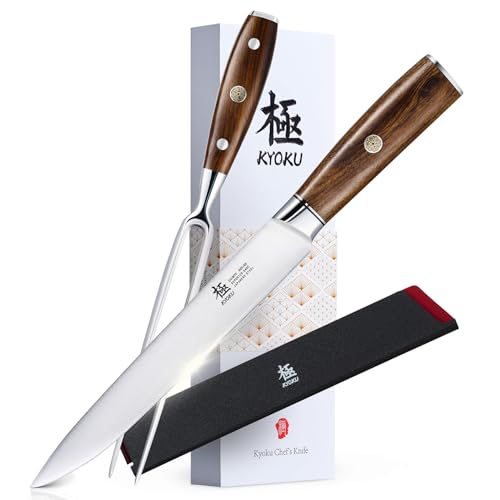KYOKU Carving Knife Set, Daimyo Series 8" Carving Knife and Fork, Japanese Style 440C Stainless Steel Meat Cutting Knife for Winter Christmas Turkey - style: Carving Knife Set