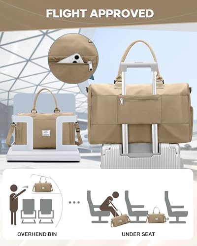 Travel Duffel Bag Weekender Bags for Women Carry On Gym Tote Bags Khaki | Duffle Bag with Shoe Compartment Carry On Overnight Bag with Wet Pocket Personal Item Travel Bag for Trip Hospital Bag - color: G3-Khaki