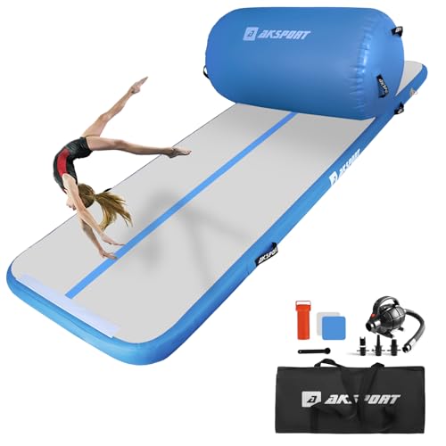 AKSPORT Air Roller Gymnastics Air Barrel for Backbends and Back Handsprings Exercise Training with Electric Air Pump for Home Use/Yoga/Cheerleading/Tumbling/Back Walkovers - color: Blue, size: 118inx39.4inx4in & 39inx23.6in（Diam)