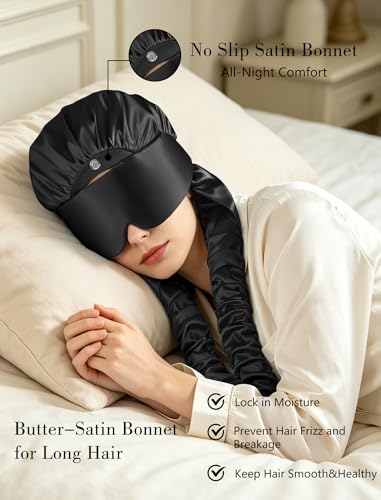 Satin Bonnet for Sleeping with Eye Mask，No Slip Sleep Bonnet with Long Curling Ribbons for Braids & Long Hair - color: Black