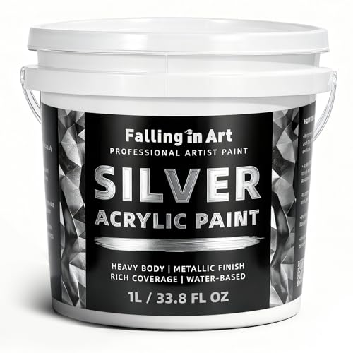 Falling in Art 33.8 Oz Heavy Body Silver Metallic Acrylic Paint, Non-Toxic | Art Craft Paints for Canvas, Wood, Clay, Fabric, Metal, Furniture - color: Silver