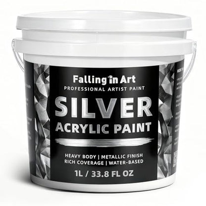 Falling in Art 33.8 Oz Heavy Body Silver Metallic Acrylic Paint, Non-Toxic | Art Craft Paints for Canvas, Wood, Clay, Fabric, Metal, Furniture - color: Silver