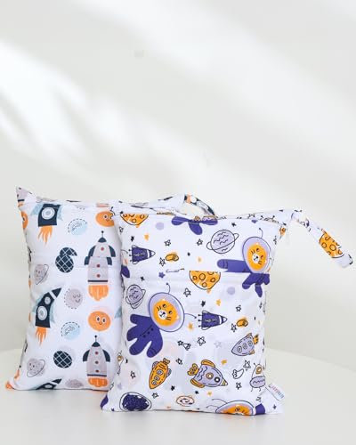 ALVA ALVABABY 2pcs Waterproof Wet Dry Bags,Reusable with Two Zippered Pockets,Baby Cloth Diaper,Travel,Beach,Pool,Daycare,Soiled Baby Items,Yoga Gym Bag,Swimsuits or Wet Clothes 2LW03 - color: Rockets and alien tigers