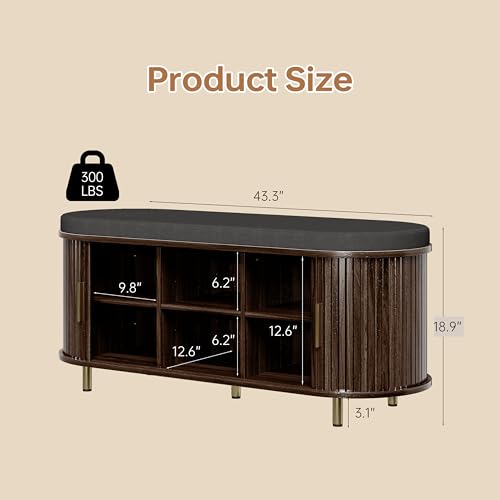 DHH 2-Tier Storage Bench,Wide Shoe Bench with Thickened Padded Seat Cushion, Mid Century Modern Fluted Sliding Door and Adjustable Shelf, for Entryway, Living Room, Bedroom (Dark Walnut, 43.3“) - color: Dark Walnut, size: 43.3 inch