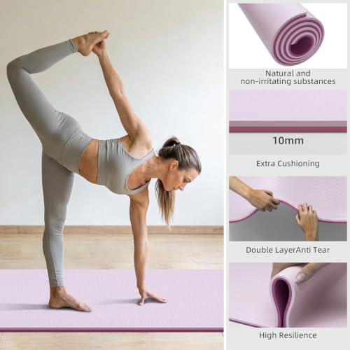 10mm0.4"TPE Yoga Mat Thick Wide Large for Home Workout Carrying Strap | Non Slip Exercise Mats Cushioned Joint-Friendly Stable,76"x28"Extra long Tapis Entrainement Au Sol Fitness,Pilates Gym Travel - color: pink