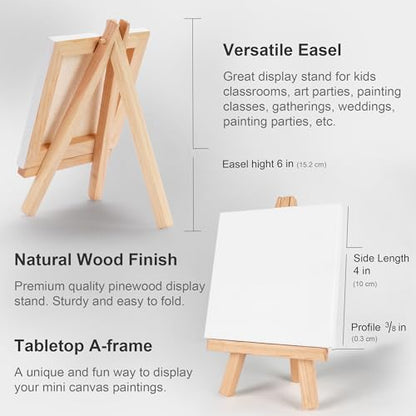 AUREUO Mini Canvas and Easel Set - 4x4 Inch/ 12 Pack - 2/5 Inch Profile Small Square Canvas with Display Stand - Art Gift Set Bulk Pack Canvases for Acrylic Painting & Craft - size: 4"x4" with Easel