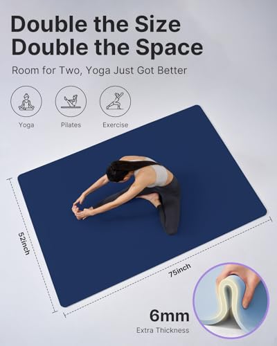 YOTTOY Large Yoga Mat (75 * 52 * 1/2inch),Extra Wide TPE Exercise Mat,Non-Slip Workout Mat for Pilates, Fitness, Barefoot, Home Gym Studio with Strap and Towel - color: Blue, size: 75*52*1/4inch