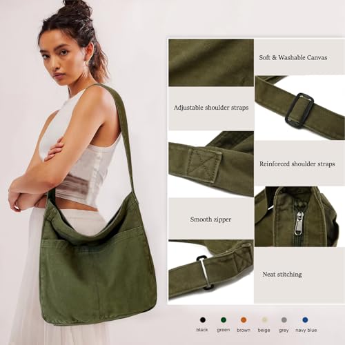 Canvas Tote Bag Casual Hobo Crossbody Shoulder Bag for Women and Men Large Purse Messenger Bag Travel Work - color: 1-army Green