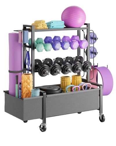 Dumbbell Rack, Adjustable 4-Tier Weight Rack Movable, Home Gym Organizer Up to 405 lb with Lockable Casters & Hooks, Workout Equipment Storage for Dumbbells, Kettlebells, Yoga Mats & Balls