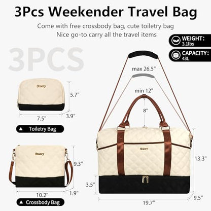 Weekender Bag, Large Travel Duffel Bag for Women, Carry on Overnight Bag with Shoe Compartment and Toiletry Bags - color: G-3PCS Beige Black Brown