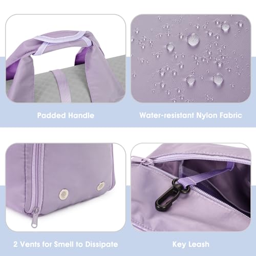Sportsnew Tote Yoga Mat Gym Bag 20L Women W/Shoe Compartment Wet Dry Pocket | Water-Resistant Gym Tote - Mat Strap, Ventilated Shoe Bin, Wet Pocket, Padded Handle, Multi Pockets, Side Mesh & Key Clip - color: Purple