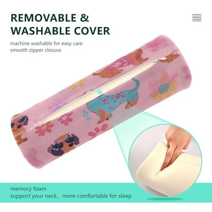 Bolster Pillow Neck Pillow Round Soft Health Memory Foam Pillows Long Cylindrical Body Pillow with Removable Cover Cute Back Yoga Cartoon Dachshunds Flowers Pink 17" x 5.5" - color: Cartoon Dachshunds Flowers Pink