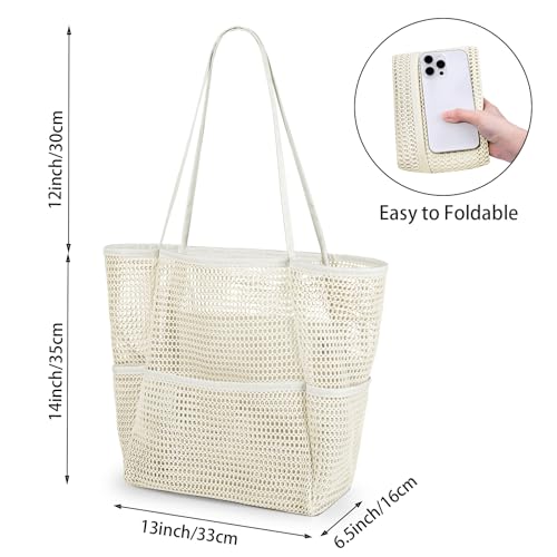 Iioscre Beach Bag for Women, Causal Hobo Handbags with Zipper Inner Pocket - color: Beige-001