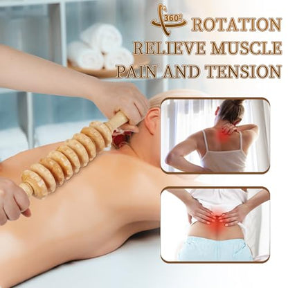 Liitrton Manual Wooden Massage Roller Stick for Muscle Relief, 9‑Wheel - size: 15.35 Inch (Pack of 1)
