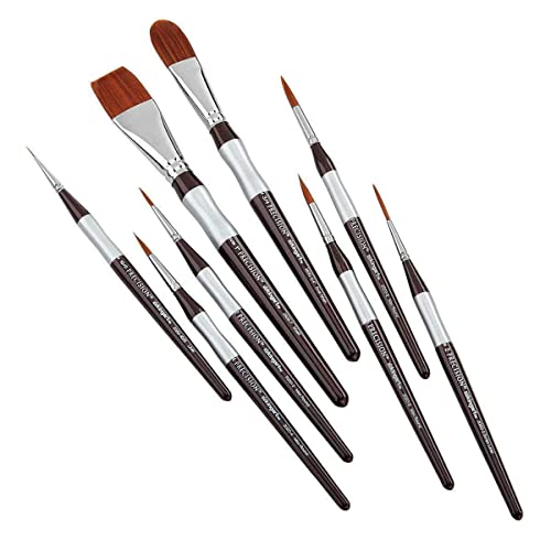 KINGART 1070C Premium 8 Pc. Precision Acrylic Artist Paint Brushes, Short Comfort Handle, Synthetic Taklon Hair for Acrylic, Oil, Watercolor and Gouache Paints, Set of 8