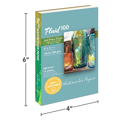 Fluid 100 Watercolor Paper Block, 4 x 6 inches, 15 Sheets, 140 lb (300 GSM) 100% Cotton Hot Press Pad for Artist Painting and Wet Media - size: 4 x 6