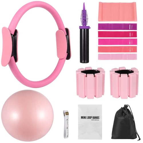 Pilates Equipment Kit for Home Workout, Pilates Ring Set with Ball, Ankle Wrist Weights, Resistance Bands, and Tape Measure, Women's Full Body Training Kit for Yoga