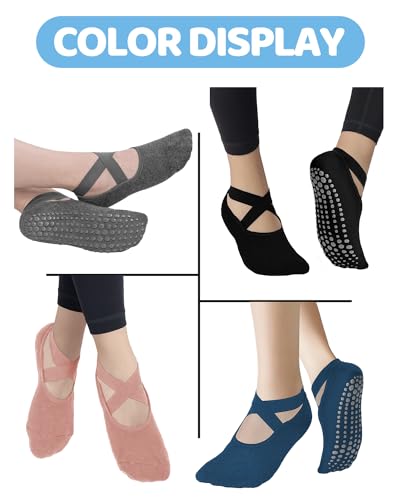 AURUZA Pilates Grip Socks for Women Non Slip Skid Yoga Socks with Grips Straps for Ballet Dance Workout Gripper Sock - color: 3pairs- Black+gray+blue, size: Large