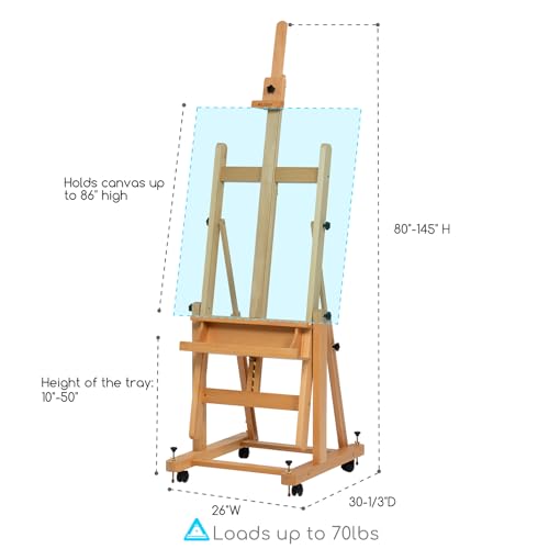 MEEDEN Enlarged Heavy-Duty H-Frame Easel: Artist Solid Beech Wooden Studio Easel - Professional Painting Art Easel Stand with 4 Lockable Wheels & Leveling Bolts - Hold Canvas up to 86" H - color: Natural, size: X-Large