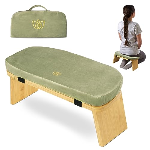 Florensi Bamboo Meditation Bench Foldable Ergonomic Prayer Stool Cushion | Foldable bamboo meditation bench with cushioned seat and ergonomic design for comfortable posture support - color: Sage Green