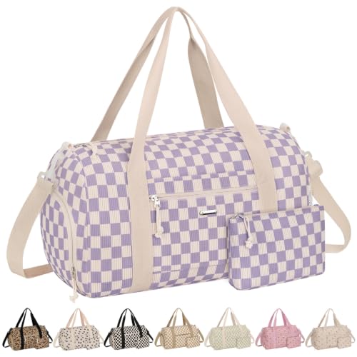 Vankor Gym Bag for Women, 17.5 inch Sports Duffle Bag with Shoe Compartment - color: Corduroy Checkered Purple