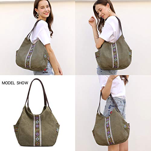 Worldlyda Women Canvas Hobo Purse Multi Pocket Tote Shopper Shoulder Bag Casual Top Handle handbag with Embroidery Ethnic - color: Army Green
