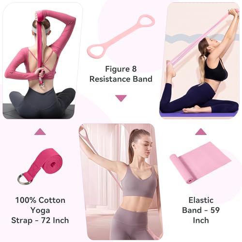 HASHMUST Pilates Ring Kit 12 PCS for Women, Home Workout Equipment with Magic Circle, Mini Exercise Ball, Resistance Bands, Massage Lacrosse, Yoga Strap, Full-Body Fitness Set for Toning & Gift - color: Pink