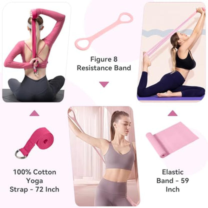 HASHMUST Pilates Ring Kit 12 PCS for Women, Home Workout Equipment with Magic Circle, Mini Exercise Ball, Resistance Bands, Massage Lacrosse, Yoga Strap, Full-Body Fitness Set for Toning & Gift - color: Pink