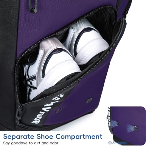 KAVIGOR Rolling Baseball Bag with Wheels, 60L Capacity Softball Bag Holds 4 Bats for Boys and Girls, Youth Equipment Bag with Shoe Compartment - color: Purple