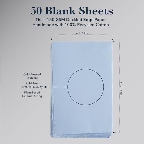 Wanderings 50 Pack Blue A6 Handmade Deckled Edge Cotton Paper - 4" x 6" - Cold Pressed Texture - Paint, Watercolor, Writing, Printer - Cards, Wedding Invitations, Menus, Arts and Crafts. 150 GSM - color: Blue, size: A6