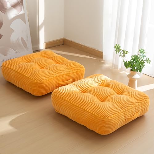 HIGOGOGO 6" Extra Thick Floor Pillow Cushion for Adults, Meditation Cushion Pillow, Large Square Floor Sitting, Tufted Corduroy Cover, for Tatami Living Room or Yoga, 22x22 Inch, 2Pack, Orange - color: Square Orange, size: 6" Thick(Pack of 2)
