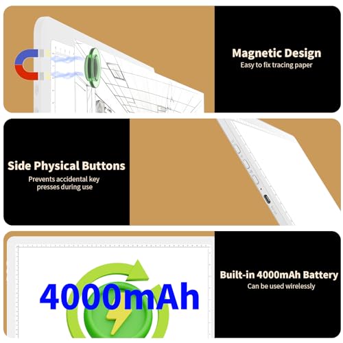 YINGWOND A4 Rechargeable Light Pad with Carry Bag,9000LUX Tracing Light Box Built-in 4000mAh Battery,Side Physical Buttons Magnetic Light Board for Diamond Painting Art Weeding Vinyl Drawing - style: Rechargeable A4 White with Bag