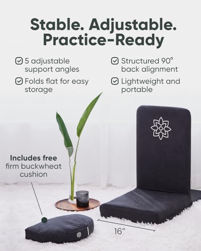 Mindful Modern Folding Pro Meditation Chair - Adjustable Meditation Seat with Back Support and Half Moon Buckwheat Meditation Cushion - Comfortable Mindfulness Living Room Floor Chair - color: Charcoal Black