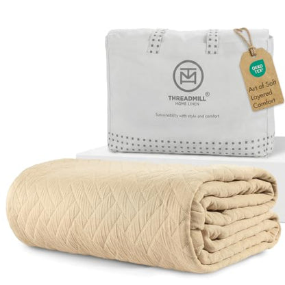 Threadmill Luxury Cotton Blankets for Queen Size Bed | All-Season 100% Cotton Queen Size Blanket | Criss Cross Jacquard Cozy Lightweight, Soft Breathable Coverlet fits Full Size Bed, 90x92 | Beige - color: Classic Beige, size: Queen / Full