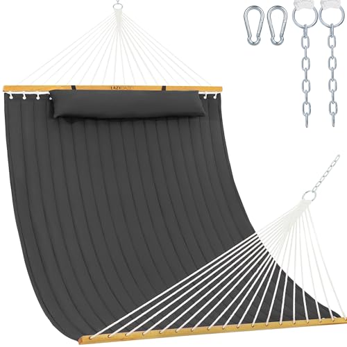 Lazy Daze 12 FT Double Quilted Hammock with Spreader Bar for Outside, Gray | 2 Person Heavy Duty Hammock with Detachable Pillow and Carabiners for Outdoor Backyard Poolside, 450lbs Weight Capacity - color: Dark Gray