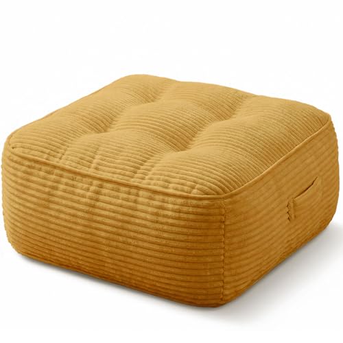 11" Thick Washable Floor Pillow for Adults, Yoga & Meditation Cushion with Handle, Square Large Pillows Seating with Removable Tufted Corduroy Cover for Tatami Living Room Board Games, Yellow