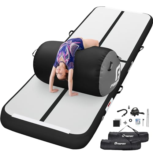 FBSPORT Inflatable Air Gymnastics Mat 4 inches Thickness and Air Roller 40x23.6 inches with Electric Air Pump 10ft/13ft Training Mats for Home Use Cheerleading Outdoor Training Park Yoga Beach - color: Black Gray, size: Mat: 13ft x 3.3ft x 4in | Roller: 3