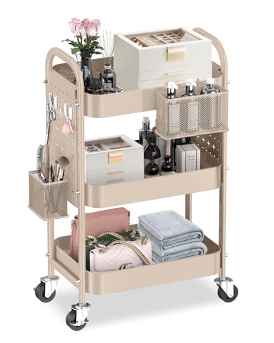 ALVOROG 3 Tier Metal Rolling Utility Cart with Pegboards,Baskets,Hook,Khaki | More Storage Craft Cart with Pegboards,Lockable Wheels,Hooks & Baskets to Organize Kitchen,Office,Bedroom and DIY Supplies - color: Khaki