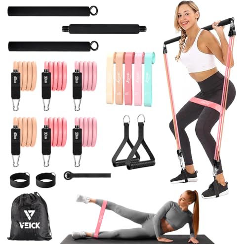 VEICK Pilates Bar with Resistance Bands, Handles, Ankle Straps, Door Anchor - color: Pink