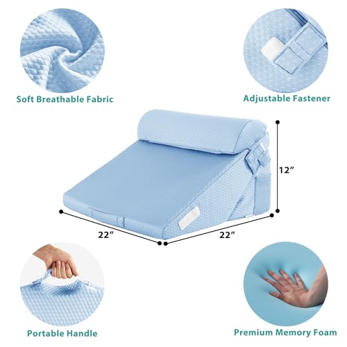Bedluxe 3Pcs Orthopedic Bed Wedge Pillow Set, Foam Wedge Pillow Post Surgery for Back, Leg and Knee Support, Adjustable 9&12 Inch Folding Triangle Pillow for Sleeping, Acid Reflux, Snoring, Light Blue - color: Light Blue, size: Adjustable 9&12 Inch + 1 He